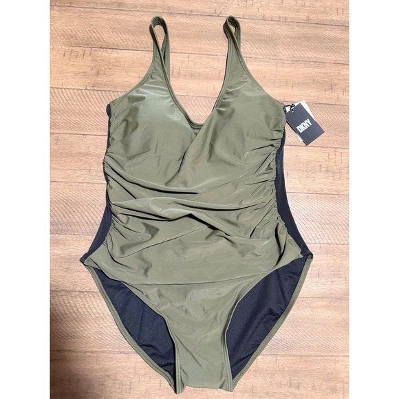 Dkny Other - New DKNY Womens Ruched Mesh Side One Piece Swimsuit Olive Green DI2MS536 Size 14